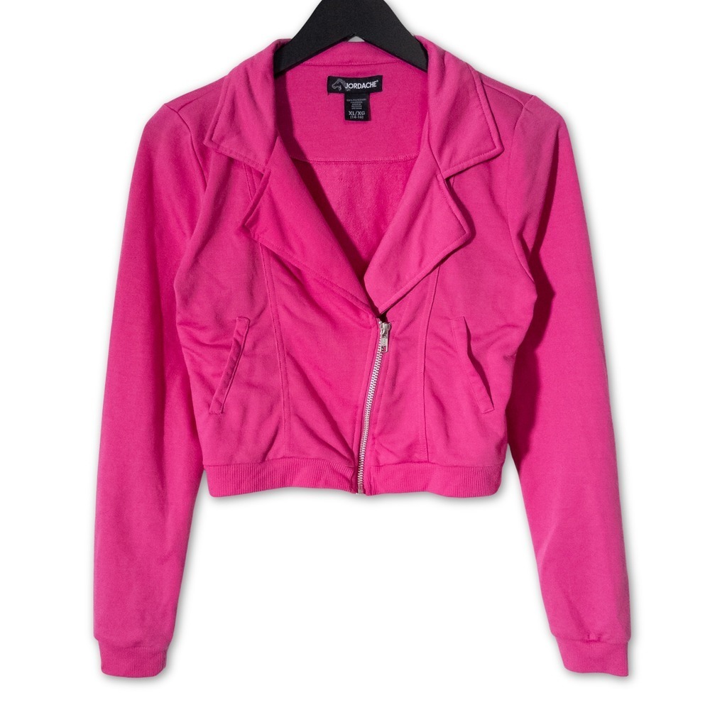 Jordache Girls XL Crop Moto Jacket Full‎ Zip Pink Long Sleeve Short Bolero Layer